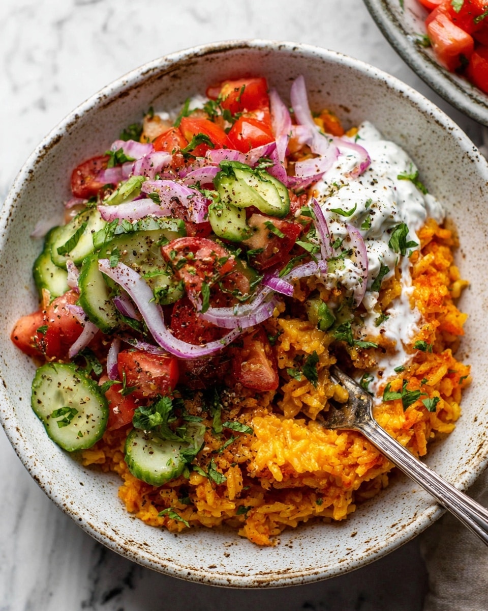 A white speckled bowl filled with three layers of food on a white marbled surface: the bottom layer is bright orange rice with a soft, slightly sticky texture, on top of that is a dollop of creamy white sauce peeking through, and the top layer is a fresh salad made of chopped red tomatoes, bright green cucumber slices, thin slices of purple onion, and sprinkled with green herbs and black pepper. A fork rests inside the bowl with some of the rice and salad on its prongs. Photo taken with an iphone --ar 4:5 --v 7