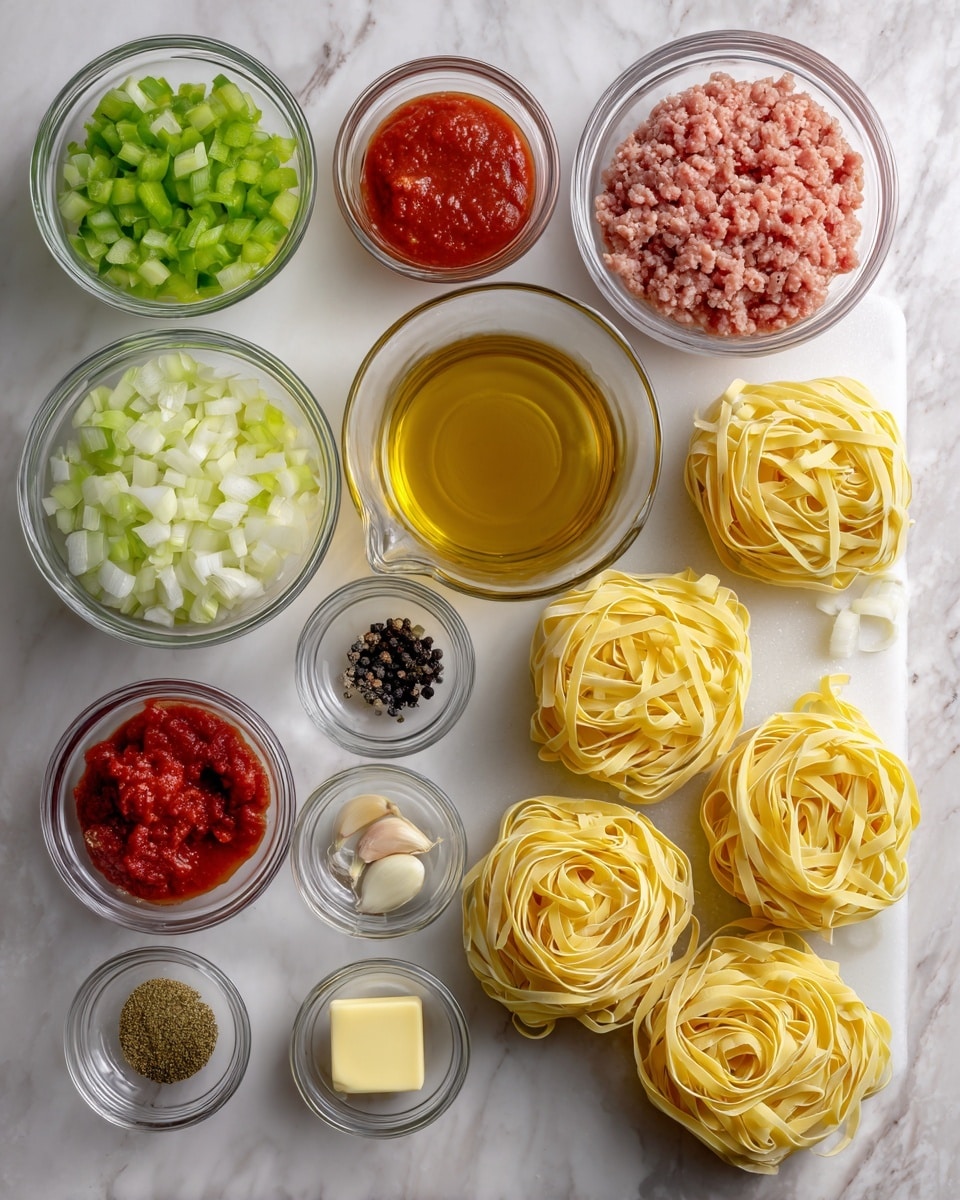 The image shows many ingredients laid out on a white marbled surface, each in clear glass bowls and measuring cups. There are six nests of pale yellow tagliatelle pasta in a large bowl on the right side, with a round bowl of light pink ground meat just beside it. Next to them is a large measuring cup filled with light brown broth and a smaller one with golden olive oil. On the left side, diced bright green bell peppers, light green celery, and finely chopped pale yellow onions are arranged in small bowls. There is also a bowl of deep red crushed tomatoes and several tiny clear bowls containing different spices in shades of black, red, beige, and green. A small square of pale yellow butter and a small bowl of minced garlic complete the setup. Photo taken with an iphone --ar 4:5 --v 7