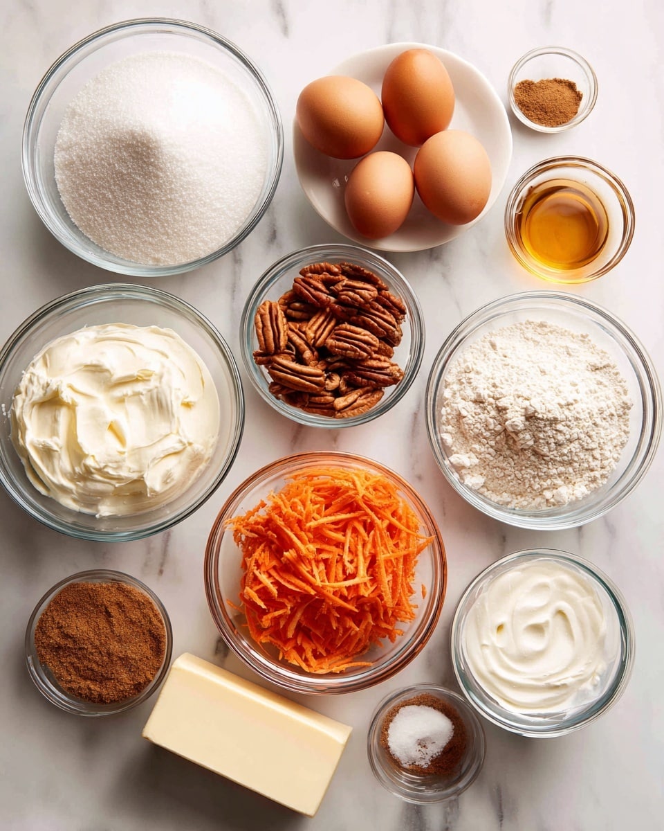 The image shows several clear glass bowls of different sizes arranged on a white marbled surface. Starting from the top left, there is a large bowl filled with white sugar, next to it a medium bowl holding four brown eggs. Below them, smaller bowls hold pecans and cinnamon spice. On the right side, a large measuring cup contains shredded bright orange carrots. Below it, a medium bowl is filled with white cream cheese. Other bowls contain flour, powdered sugar, vanilla extract, baking soda, salt, and vegetable oil. A stick of pale yellow butter is partially unwrapped and placed near the center. The clear glass containers and white marbled surface create a clean and organized look. Photo taken with an iphone --ar 4:5 --v 7