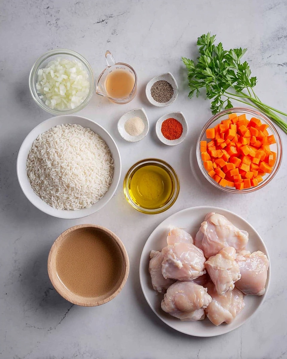 The image shows ingredients for cooking arranged neatly on a white marbled surface. There is a white bowl filled with uncooked white rice in the bottom left, and next to it, a glass measuring cup holds a light brown liquid. A clear glass bowl contains chopped white onions in the top left. A small wooden bowl with minced garlic sits near the center. To the right, a small white plate has different spices, including red, black, and white powders. Above this plate is a small clear bowl of golden olive oil, and nearby is a bunch of green parsley resting on the surface. On the right side, a clear glass bowl is filled with small diced orange carrots. At the bottom right, a white plate holds five pieces of raw light pink chicken thighs. Photo taken with an iphone --ar 4:5 --v 7
