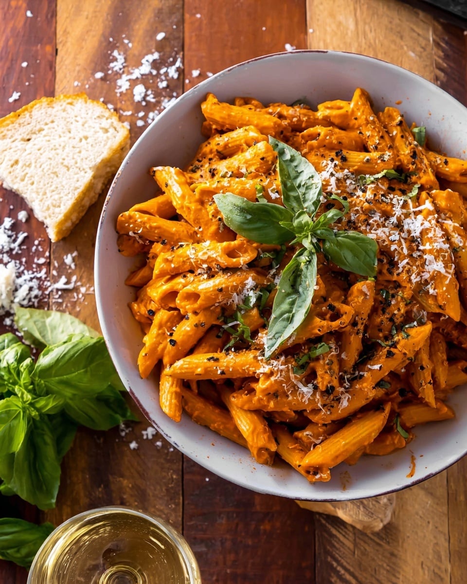 A white bowl filled with three layers of orange-red penne pasta coated in thick sauce, topped with scattered white grated cheese and black pepper specks. Bright green basil leaves are spread on top, adding a fresh touch with their smooth texture. The bowl sits on a brown wooden surface with more white grated cheese scattered around and a fresh green basil sprig nearby, along with a square piece of light brown bread. A glass of white wine is partially visible to the right. The whole setting is warm and inviting, with a casual, rustic feel. Photo taken with an iphone --ar 4:5 --v 7