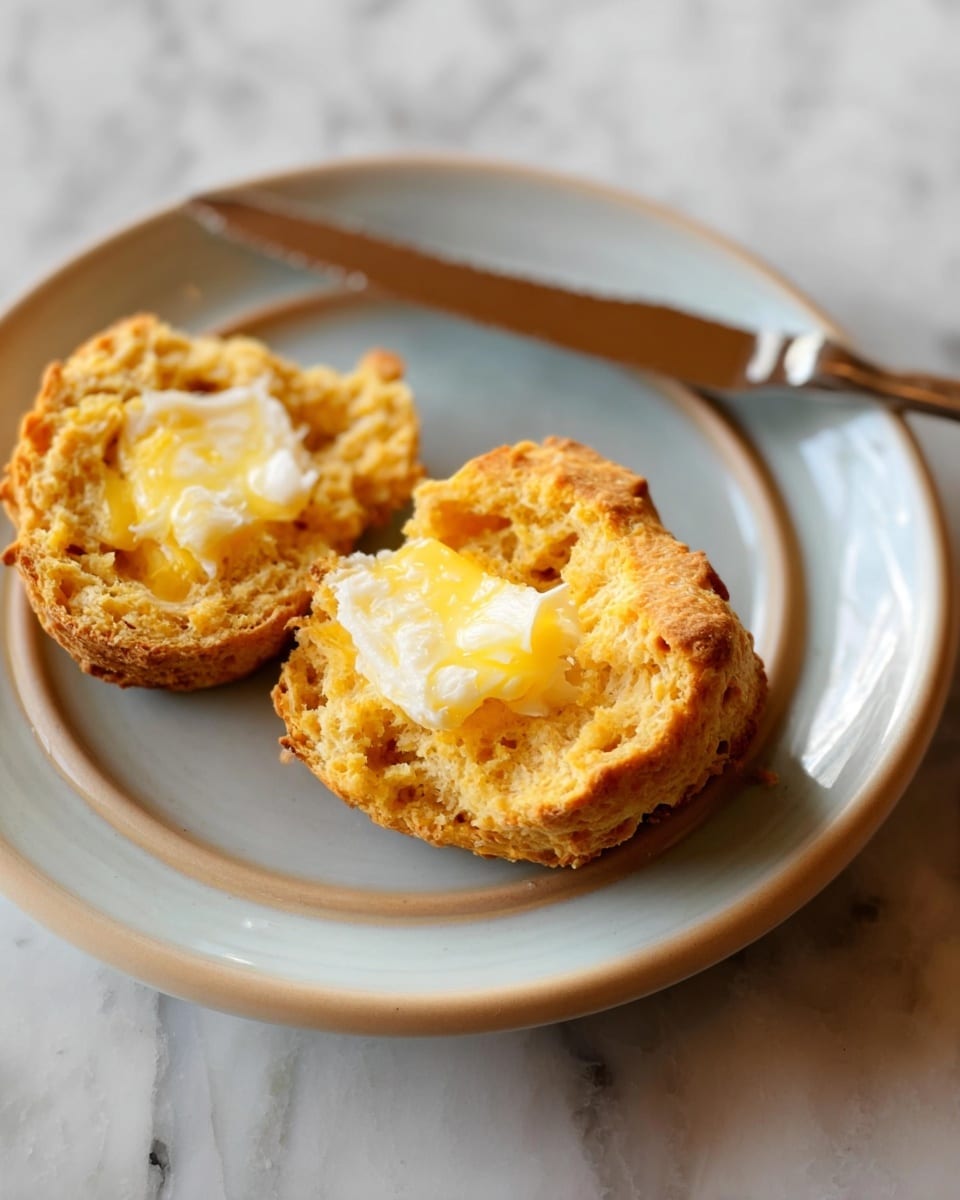 The image shows a white ceramic plate with two halves of a golden-brown biscuit. Each biscuit half is rough and crumbly with a coarse texture and spread with melting light yellow butter. The biscuit's interior is soft with small air pockets, showing a warm, toasted color. Behind the plate, a silver butter knife is visible, resting on the plate. The background surface is a white marbled texture. photo taken with an iphone --ar 4:5 --v 7
