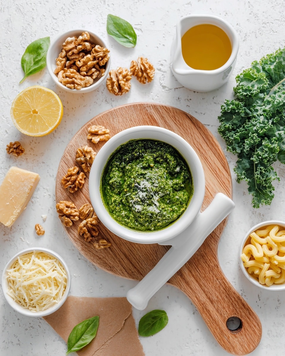 A white bowl filled with green pesto sauce sits on a round wooden board with a handle, placed on a white marbled surface. The pesto has a slightly thick texture with some grated cheese sprinkled on top. Next to the bowl, a white pestle rests on the board. Around the board, there are small white bowls holding shredded cheese and walnut pieces. On the white marbled surface are scattered walnuts, a wedge of pale yellow cheese, a white cup with light brown oil, a lemon wedge, green kale leaves, some fresh basil leaves, and some dry elbow macaroni spilling from a brown paper piece. The scene is bright and clean, showing fresh ingredients ready for cooking. photo taken with an iphone --ar 4:5 --v 7