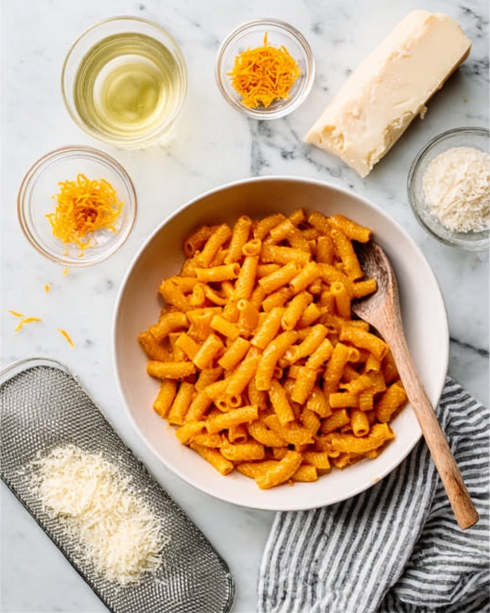 The image shows a bowl filled with cooked, tube-shaped pasta that is orange in color, possibly coated with a sauce. A wooden spoon rests inside the bowl on the right side. The bowl is white and placed on a white marbled surface with a gray and white striped cloth underneath on the left side. Surrounding the bowl are small clear bowls with different ingredients, such as a light yellow sauce or drink, orange zest, and white cheese, and a small mesh tray holding a block of cheese with some grated cheese nearby. Photo taken with an iphone --ar 4:5 --v 7