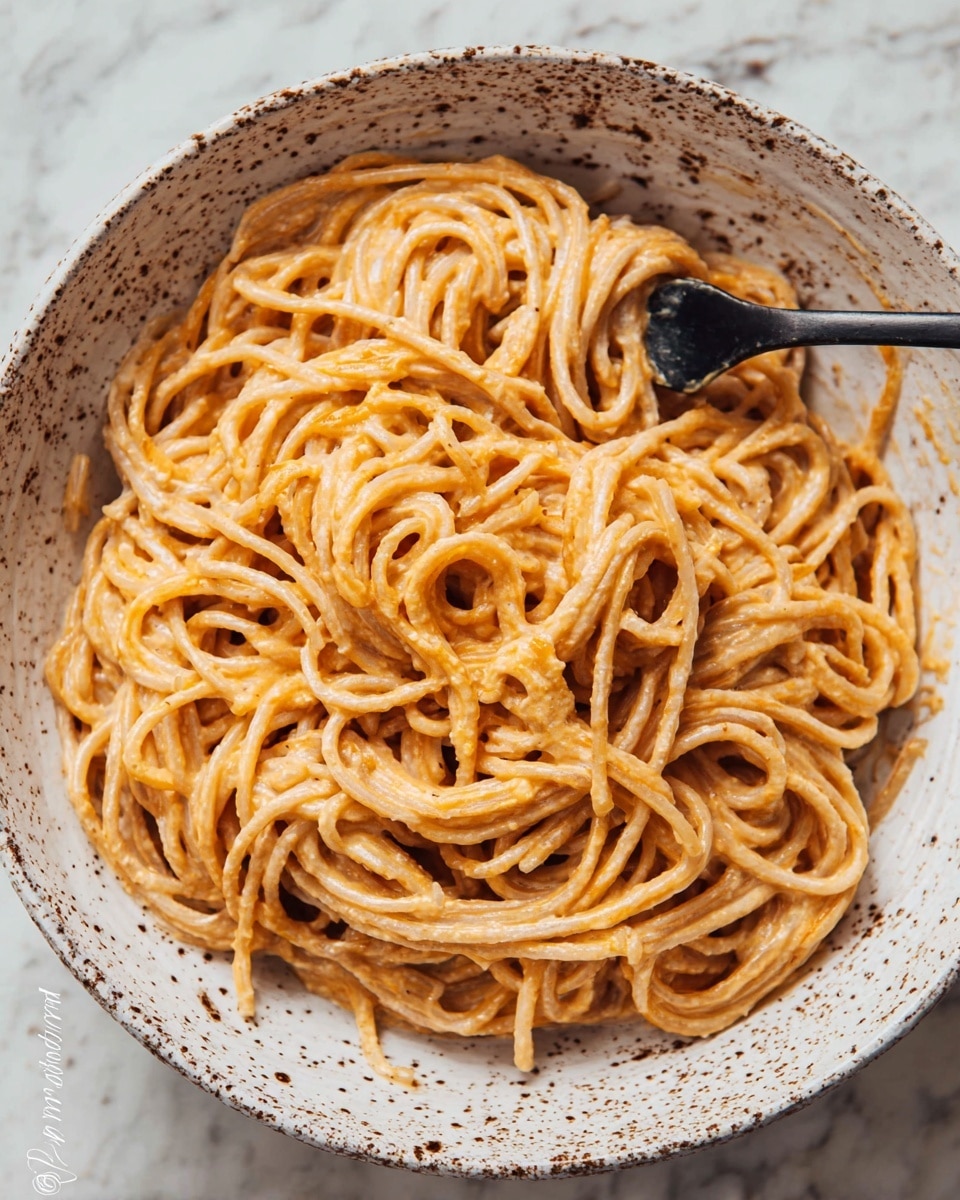 The image shows a close-up of thick spaghetti noodles coated evenly in a creamy, light orange sauce, arranged loosely in a white textured bowl that has brown speckles and patterns inside. The noodles have a smooth yet slightly textured look, with some swirls and loops clearly visible. A black fork is placed inside the bowl, twisted with a portion of the spaghetti, positioned towards the right side of the bowl. The background and surface beneath the bowl have a white marbled texture. photo taken with an iphone --ar 4:5 --v 7