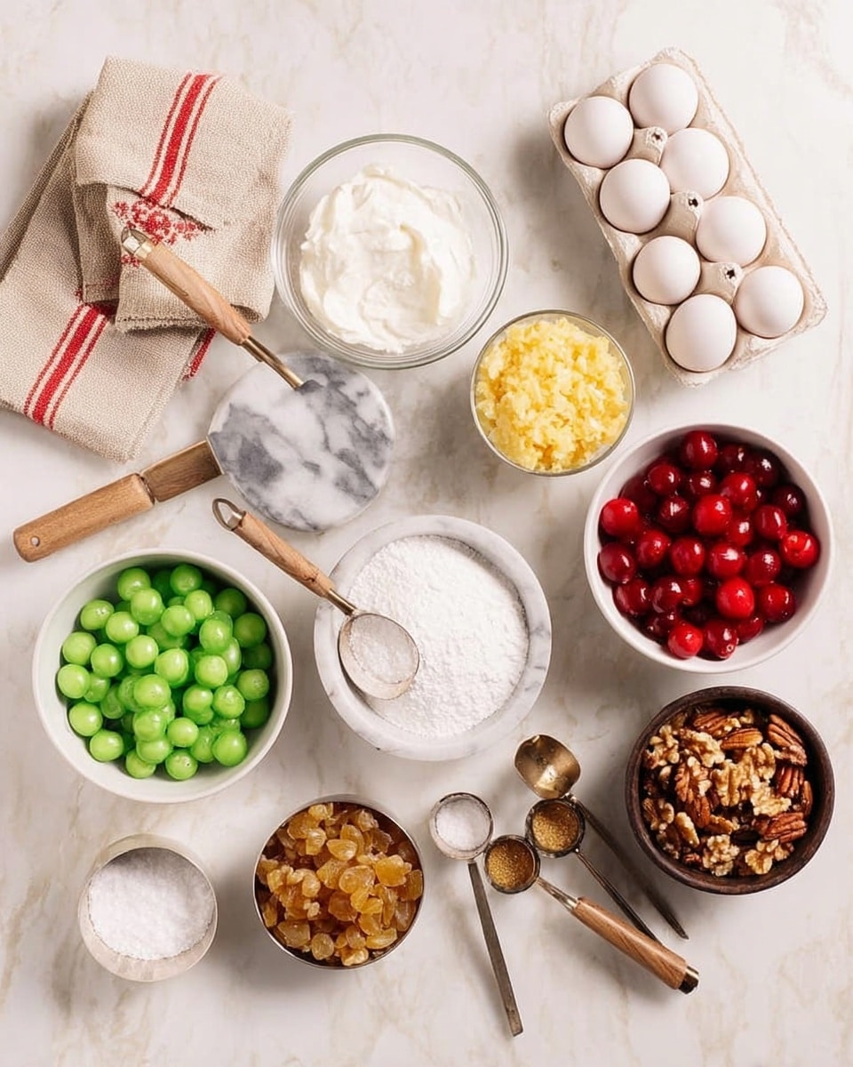 A white marbled surface holds a neatly arranged set of small white bowls and metal measuring cups, each containing different ingredients. Starting from the left, a marble bowl filled with coarse salt sits next to a glass bowl containing white cream. Above, there is a stacked beige and red-striped kitchen towel. To the right, a white bowl is filled with small yellow chopped pieces, and next to it, another white bowl holds shiny bright red cherries. Below, a larger white bowl contains shiny green cherries. There are two metal measuring cups with wooden handles; one is filled with white powder, the other with white granulated sugar. Below them, a small white bowl contains golden raisins, and to its right, a dark bowl holds large walnut halves. A few metal measuring spoons with some vanilla liquid and salt complete the setup, with a white carton of eggs placed in the upper right corner. The background is clean and has a soft, bright look. Photo taken with an iphone --ar 4:5 --v 7