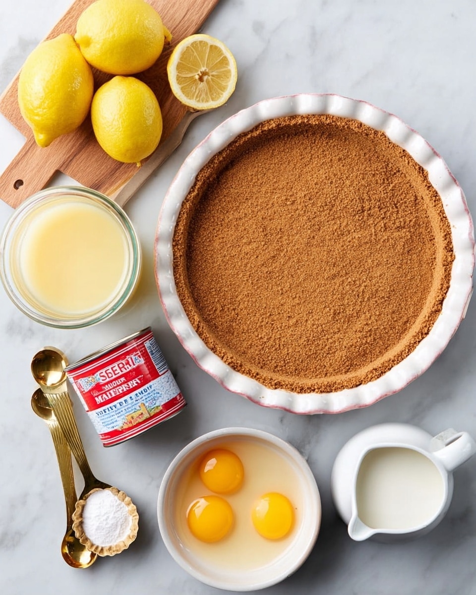 The image shows a white pie plate with a brown crumb crust pressed evenly inside. To the left on a white marbled surface are two yellow lemons, one whole and one squeezed, next to a clear glass container filled with pale yellow lemon juice placed on a small wooden board. Below this, there is a red and white can of sweetened condensed milk, two gold measuring spoons with white powders, a small white pitcher with milk, and a small white bowl holding three bright yellow egg yolks, all arranged neatly. Photo taken with an iphone --ar 4:5 --v 7