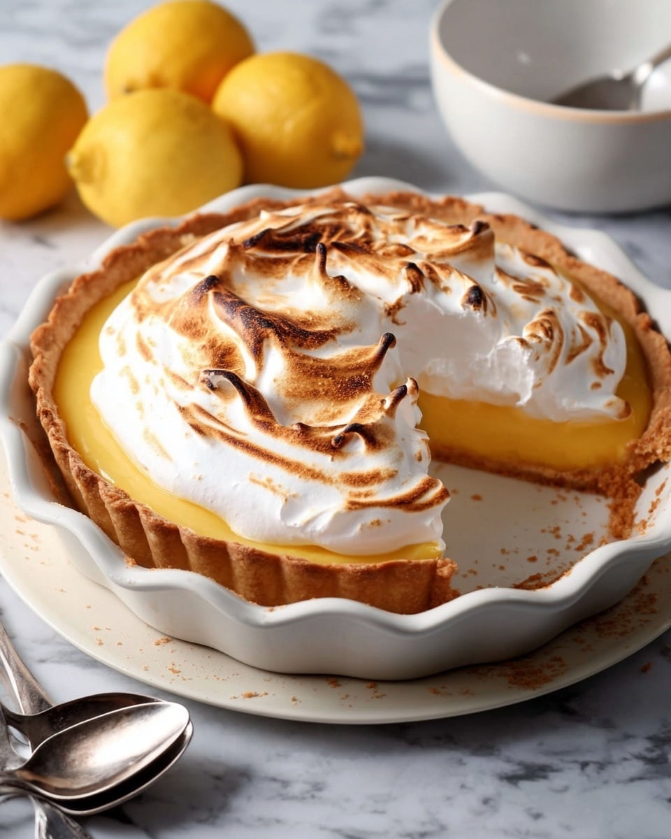 A lemon pie with three clear layers is shown: the bottom layer is a light golden brown crust, the middle layer is smooth and bright yellow lemon filling, and the top layer is thick white meringue with brown toasted spots from browning. The pie sits in a white scalloped dish on a white marbled surface. There are yellow lemons on the left side, a white bowl in the background, and two silver spoons in the front left corner. Photo taken with an iphone --ar 4:5 --v 7