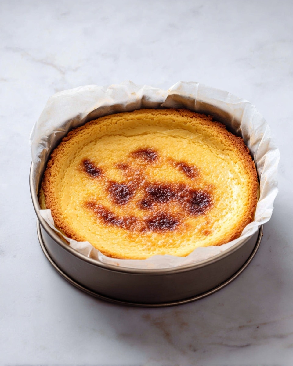 The image shows a baked cheesecake still in its round metal springform pan lined with white parchment paper underneath. The cheesecake has a smooth, golden-yellow top with a few darker brown spots showing slight caramelization. The edges look firm and slightly browned, with a crumbly light brown crust pressed into the sides and bottom of the pan. The pan is placed on a white marbled surface, giving the photo a clean bright look. photo taken with an iphone --ar 4:5 --v 7
