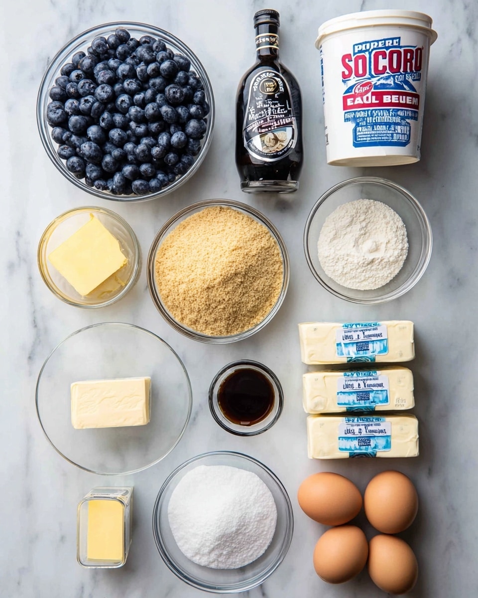 The image shows ingredients for baking on a white marbled surface. At the top left, there is a clear glass bowl filled with fresh blueberries, dark blue and round. To the right, a white container of sour cream with colorful red and blue text. Below the blueberries, a small yellow container of cornstarch is placed next to a clear glass bowl filled with light golden brown crumbs. Nearby, a small clear bowl holds light brown sugar, and a stick of unsalted butter with a pale creamy color lies next to it. Below, a round clear bowl contains white sugar, and a dark bottle of vanilla extract with a white label is placed nearby. Three brown eggs are resting together at the bottom right, with a small glass of clear liquid above them. Three silver blocks of cream cheese with white and blue labels are arranged in a neat stack on the right side. Photo taken with an iphone --ar 4:5 --v 7