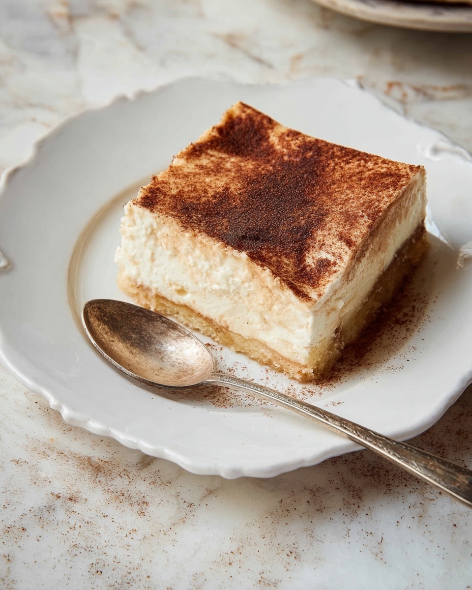 A single square piece of dessert with three visible layers sits on a white plate with a scalloped edge. The bottom layer is thin and golden brown, looking like a crust. The middle layer is thick, creamy, and light beige in color, with a soft and smooth texture. The top layer is a thin, darker brown, slightly uneven surface that appears to be dusted with cinnamon or cocoa powder. A vintage silver spoon rests on the plate, partly under the dessert, reflecting light softly. The setting shows a white marbled texture surface underneath the plate. Photo taken with an iphone --ar 4:5 --v 7