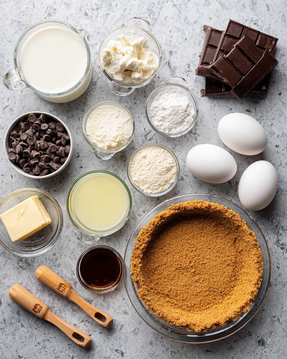 The image shows ingredients arranged neatly on a white marbled surface for making a dessert. There is a graham cracker crust in a clear pie dish on the right side. Around it, there are three whole white eggs, two glass measuring cups with white liquids (likely cream and milk), a glass measuring cup with a pale yellow liquid, a stick of butter, two small bowls with white powders, and a bowl of chocolate chips. Additionally, there are several pieces of dark chocolate stacked, a bowl of white sugar, a small bowl of vanilla extract, and two wooden measuring spoons with powder and liquid. Photo taken with an iphone --ar 4:5 --v 7