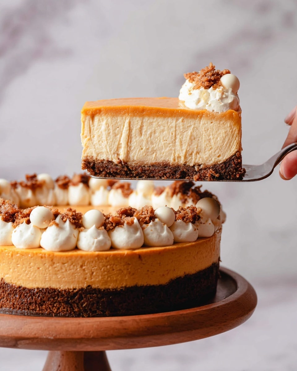 The image shows a slice of cheesecake being lifted by a woman's hand using a spatula. The cheesecake has three visible layers: the bottom layer is a thick dark brown crust with a crumbly texture, the middle layer is a smooth, creamy orange filling that takes up the most space, and the top layer is decorated with small dollops of white cream around the edge, with some brown crumbly bits and white round toppings scattered on top. The cheesecake is on a wooden cake stand, and the background has a white marbled texture. photo taken with an iphone --ar 4:5 --v 7