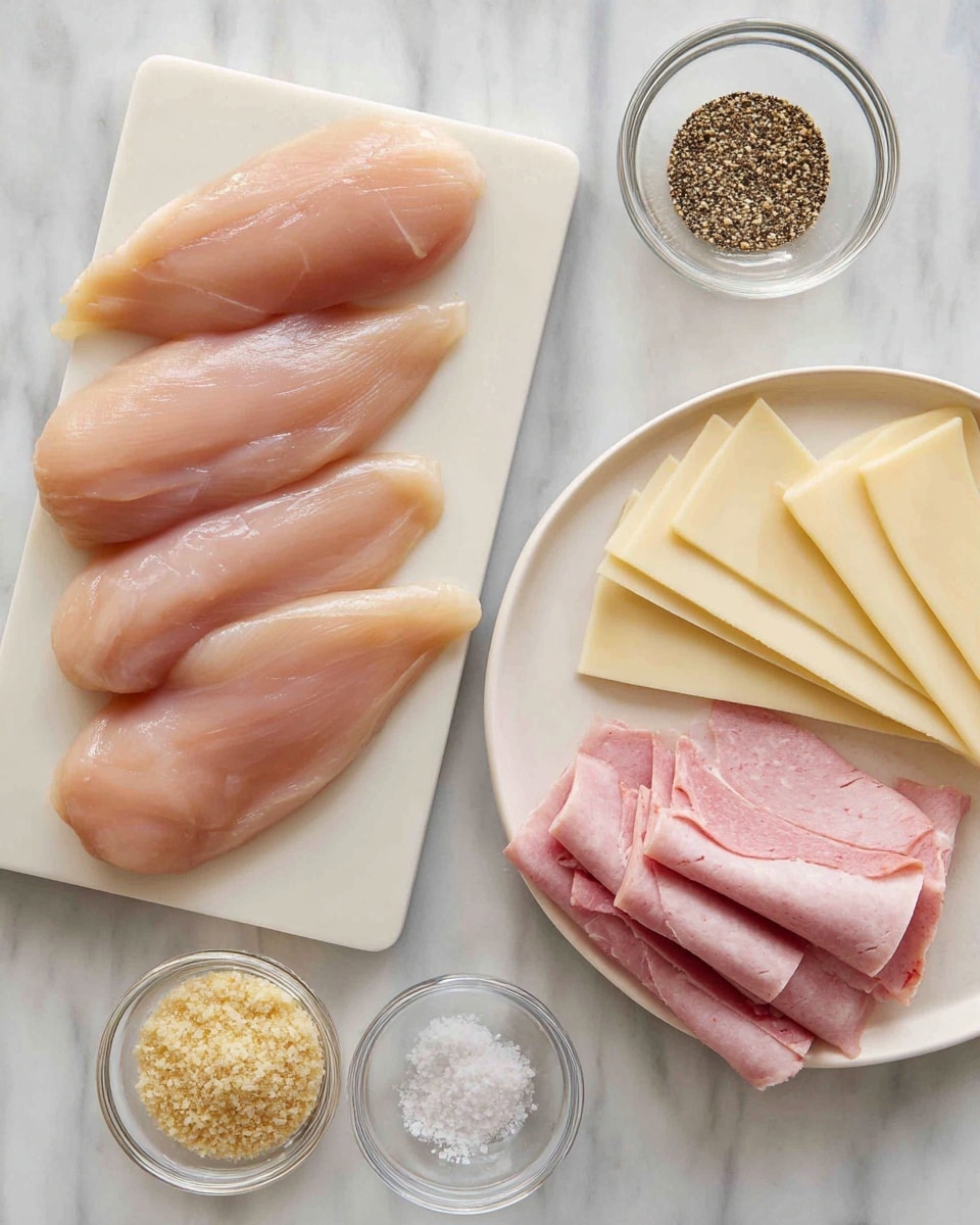 The image shows four raw light brown chicken fillets placed evenly in a single row on a white cutting board positioned on the left side. On the right side, there is a white plate with arranged layers of pale yellow Swiss cheese slices fanned out in the top right corner, and several folds of pink ham stacked next to the cheese towards the center of the plate. Below the plate, there are three small clear glass bowls: the largest bowl contains golden bread crumbs, the middle bowl has coarse white salt, and the smallest bowl holds ground black pepper. All items rest on a white marbled surface. photo taken with an iphone --ar 4:5 --v 7
