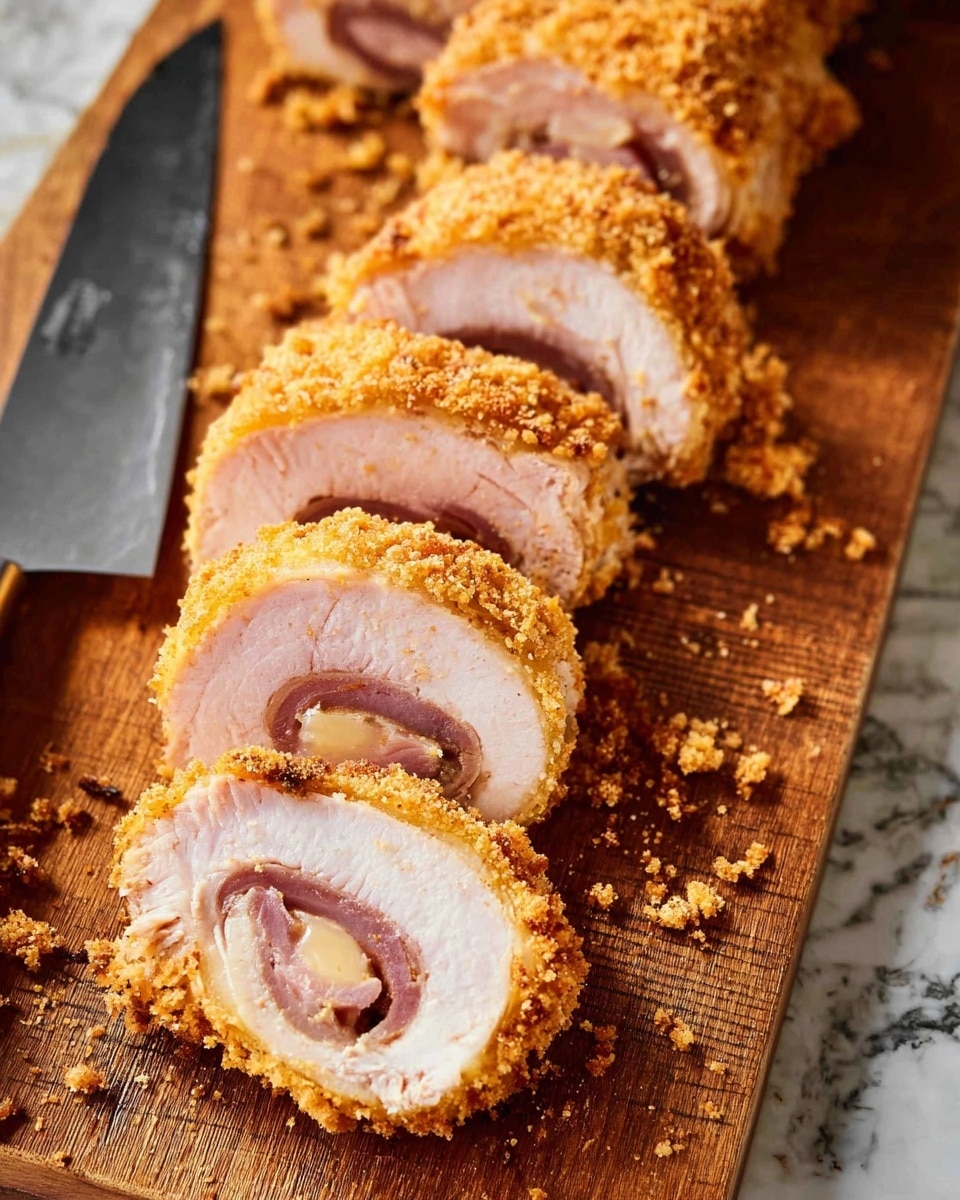 The image shows several slices of a breaded roulade arranged in a row on a wooden board. Each slice reveals three layers: the outer golden-brown crispy breadcrumb coating, a thick light pinkish-white layer of cooked meat, and a thin inner layer filled with a rolled dark pink or reddish slice of meat, possibly ham. The roulade slices are evenly cut, and the breadcrumb coating has a rough texture with visible small crumbs scattered around. A large knife rests nearby on the wooden board. The background is a white marbled surface. photo taken with an iphone --ar 4:5 --v 7