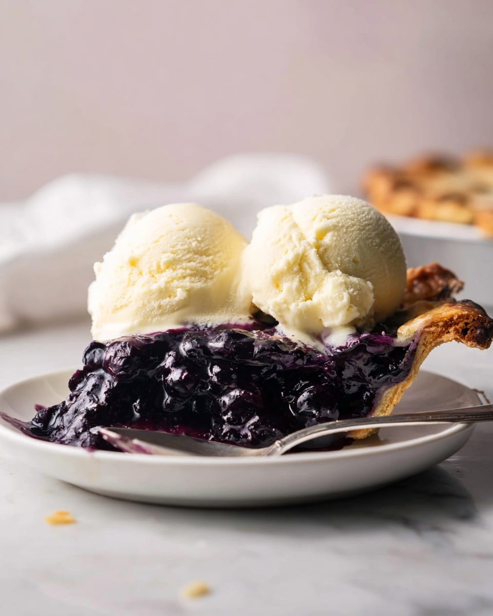 A slice of deep purple blueberry pie with thick, shiny filling sits on a white plate, topped with two scoops of smooth, pale yellow ice cream that are slightly melting. The pie has a golden brown crust that looks flaky and crisp. A silver spoon rests on the edge of the plate. The plate is placed on a white marbled surface, and the background is softly out of focus with a neutral light pink color. Photo taken with an iphone --ar 4:5 --v 7