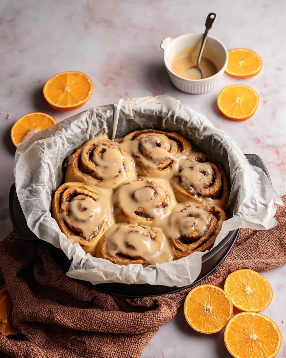 A round black pan lined with crumpled white parchment paper holds eleven cinnamon rolls arranged in three rows: the first two rows have four rolls and the last row has three. Each cinnamon roll is golden brown with swirls of dark cinnamon inside, all covered with a thick, creamy light beige glaze that gently drips and pools around the rolls. The pan sits on a white marbled surface scattered with bright orange slices around it, a small white bowl filled with extra glaze and a spoon, and a folded brown textured cloth beside the pan. The soft light highlights the glossy texture of the glaze and the warm tones of the rolls photo taken with an iphone --ar 4:5 --v 7