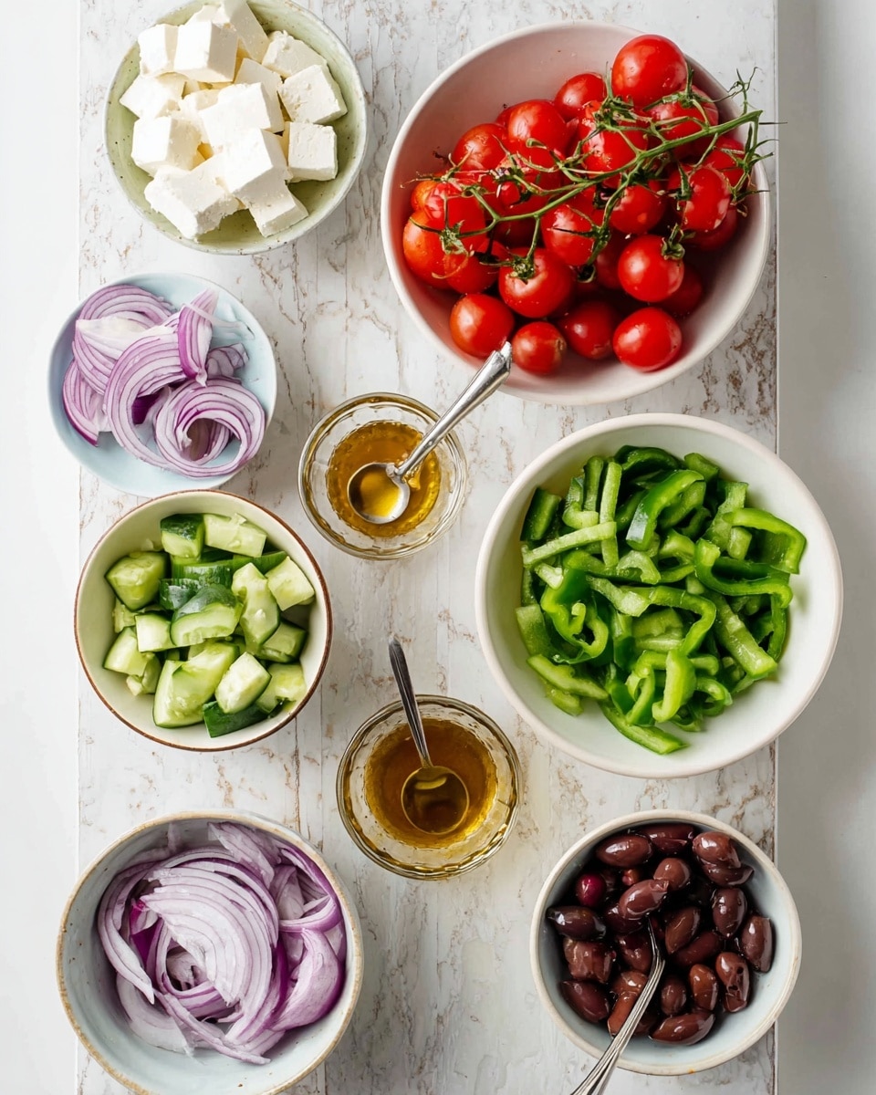 The image shows six white bowls on a white marbled surface, each filled with different fresh ingredients arranged neatly for a salad. Starting at the top, a bowl contains white cubes of cheese, to the right is a bowl with sliced red onions, below that are two bright red bunches of cherry tomatoes on the vine, and next is a bowl filled with chopped green bell peppers. Below the pepper is a bowl with cucumber slices, and next to it is a smaller bowl of dark purple olives. In the center is a small glass bowl filled with golden brown dressing with a gold measuring spoon inside. Photo taken with an iphone --ar 4:5 --v 7