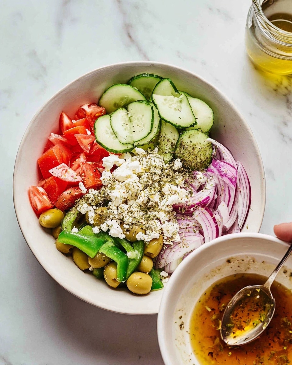 A round white bowl on a white marbled surface holds fresh salad ingredients layered carefully inside. The first layer is thin, slightly curved slices of green cucumber, covering almost half the bowl. Next, there are small chunks of red tomato and thin slices of purple red onion on the side. Bright green sliced bell pepper fills the bottom left part of the bowl, and light green olives are scattered over the vegetables. On top of all these, there is a crumbled white cheese layer sprinkled with dried herbs. In the front right, a woman's hand holds a smaller white bowl containing a light brown, oily dressing with specks of herbs, and a spoon resting inside it. The photo taken with an iphone --ar 4:5 --v 7