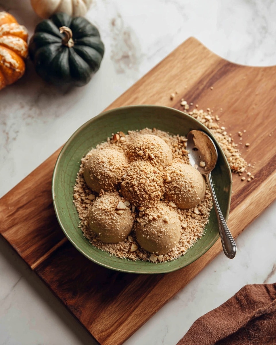 The image shows a green bowl filled with six rounded scoops of a light brown, crumbly dessert arranged in a circular flower shape. The scoops sit on a bed of coarsely crushed nuts and crumbs that spread across the bowl’s bottom. A silver spoon lies diagonally inside the bowl, partially covered by the crumbs. The bowl is placed on a wooden cutting board which rests on a white marbled surface. In the background, there are two small decorative pumpkins, one dark green and another white, with a folded brown cloth nearby. Photo taken with an iphone --ar 4:5 --v 7