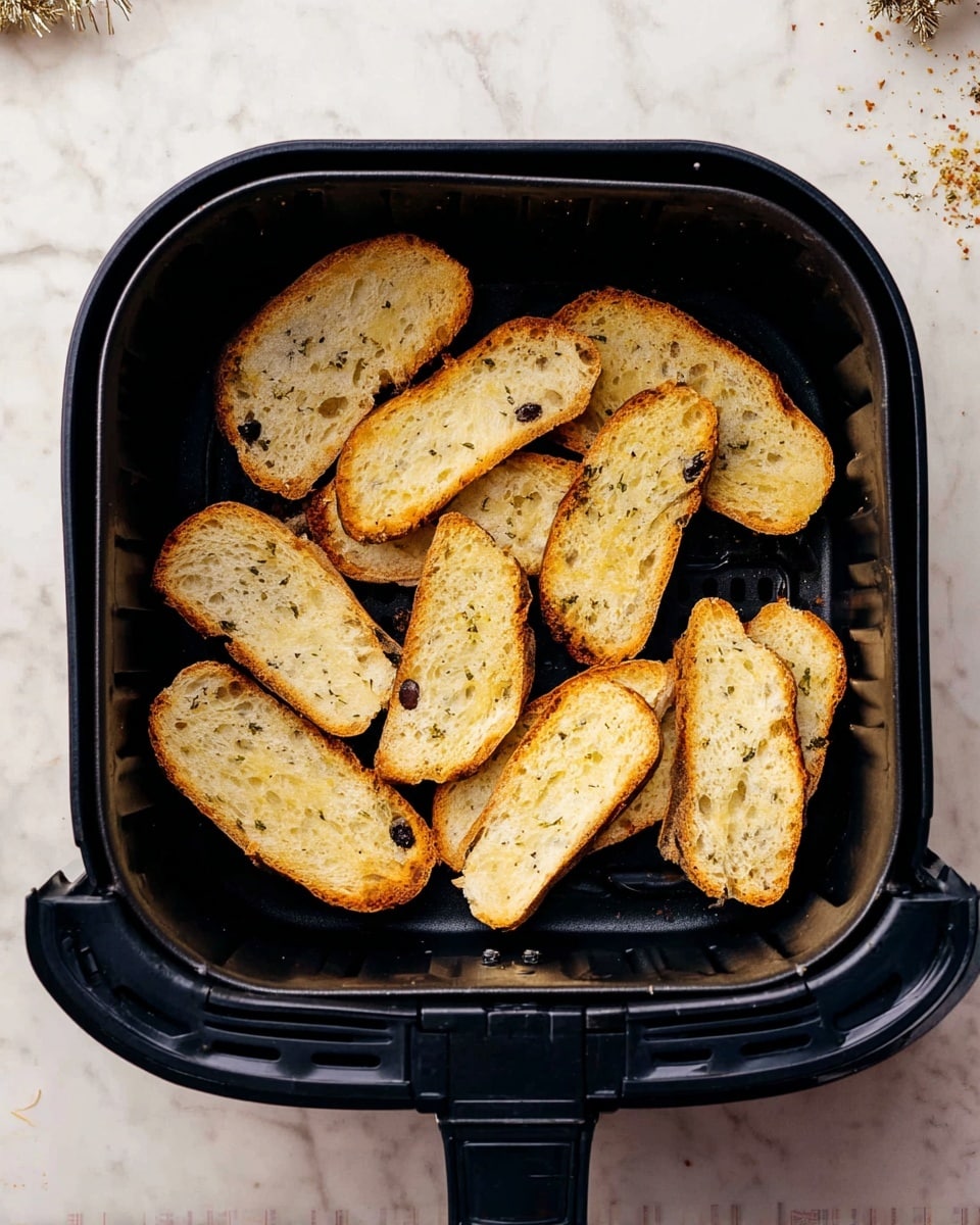 Inside a black air fryer basket, there are ten slices of toasted bread laid flat. The bread slices have a light golden brown crust with an uneven texture and small dark spots from olives inside. The inner crumb is off-white with an airy texture and some greenish oil spots on a few pieces. The basket sits on a white marbled surface with small crumbs scattered around. photo taken with an iphone --ar 4:5 --v 7