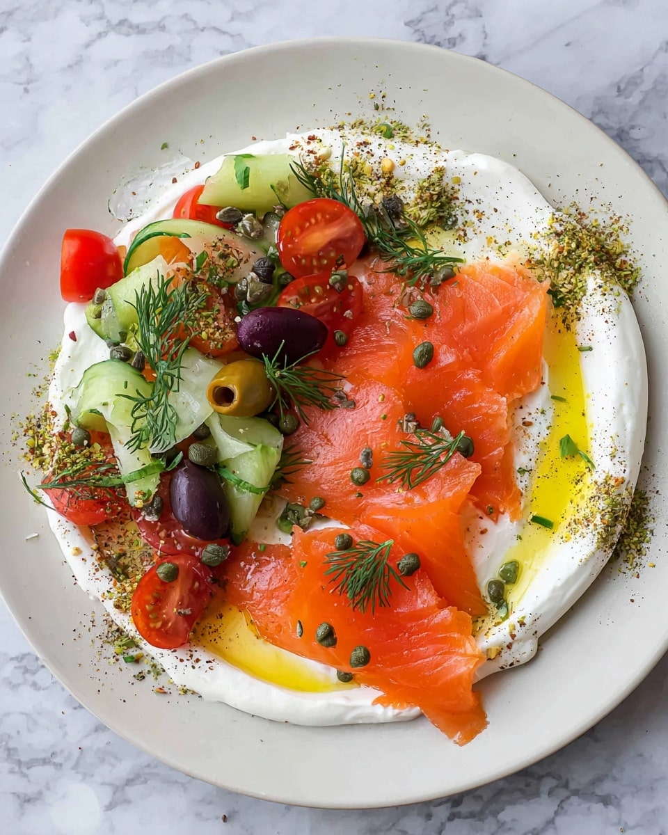 A white plate holds the dish with three layers: the bottom layer is creamy white spread evenly around the plate, topped with a drizzle of yellow olive oil and sprinkled greenish spices; the middle layer consists of two thick, folded slices of bright orange smoked salmon with a smooth texture, decorated with small green chives and dill sprigs; the top layer has a mix of halved red cherry tomatoes, dark purple olives, and curls of dark green cucumber slices, all garnished with more green herbs and capers. The plate rests on a white marbled surface. photo taken with an iphone --ar 4:5 --v 7