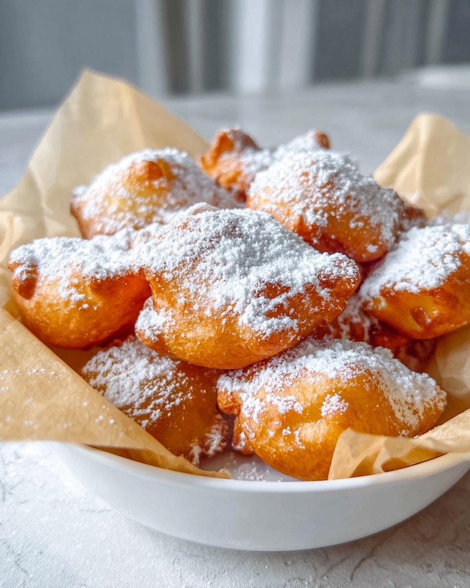 A white bowl holds a pile of golden brown fried dough pieces with a rough, crispy texture and irregular shapes. Each piece is thick and puffy, and they are dusted heavily with fine white powdered sugar that covers most of their top surfaces. The bowl is lined with light brown parchment paper, and the background shows a soft, out-of-focus kitchen setting with a white marbled texture surface. photo taken with an iphone --ar 4:5 --v 7