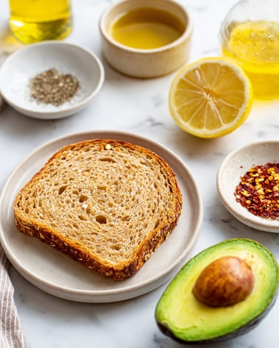 A slice of toasted multigrain bread with a golden-brown crispy texture is placed on a white plate on a white marbled surface. Next to the plate, there is a halved avocado showing its green flesh and large brown seed, and a half lemon with bright yellow skin. A small white bowl contains crushed black pepper, and another bowl has red chili flakes. There is also a glass bottle of olive oil, slightly blurred in the background. A woman's hand is not visible but implied nearby. The colors are natural and fresh with green, yellow, and brown tones. photo taken with an iphone --ar 4:5 --v 7