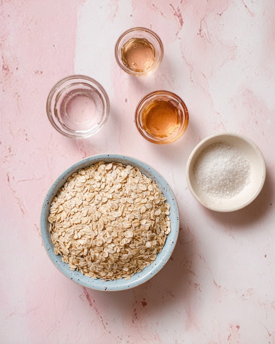 The image shows a top view of a round bowl filled with light beige oats, placed on a white marbled surface with soft pink tones around it. Nearby, there are three small glass bowls arranged around the oat bowl: one empty clear glass bowl, and two small bowls with light amber liquid inside them. On the right side, there is a white bowl with a light sprinkle of white powder or salt. The overall scene is softly lit with a clean and simple look. photo taken with an iphone --ar 4:5 --v 7