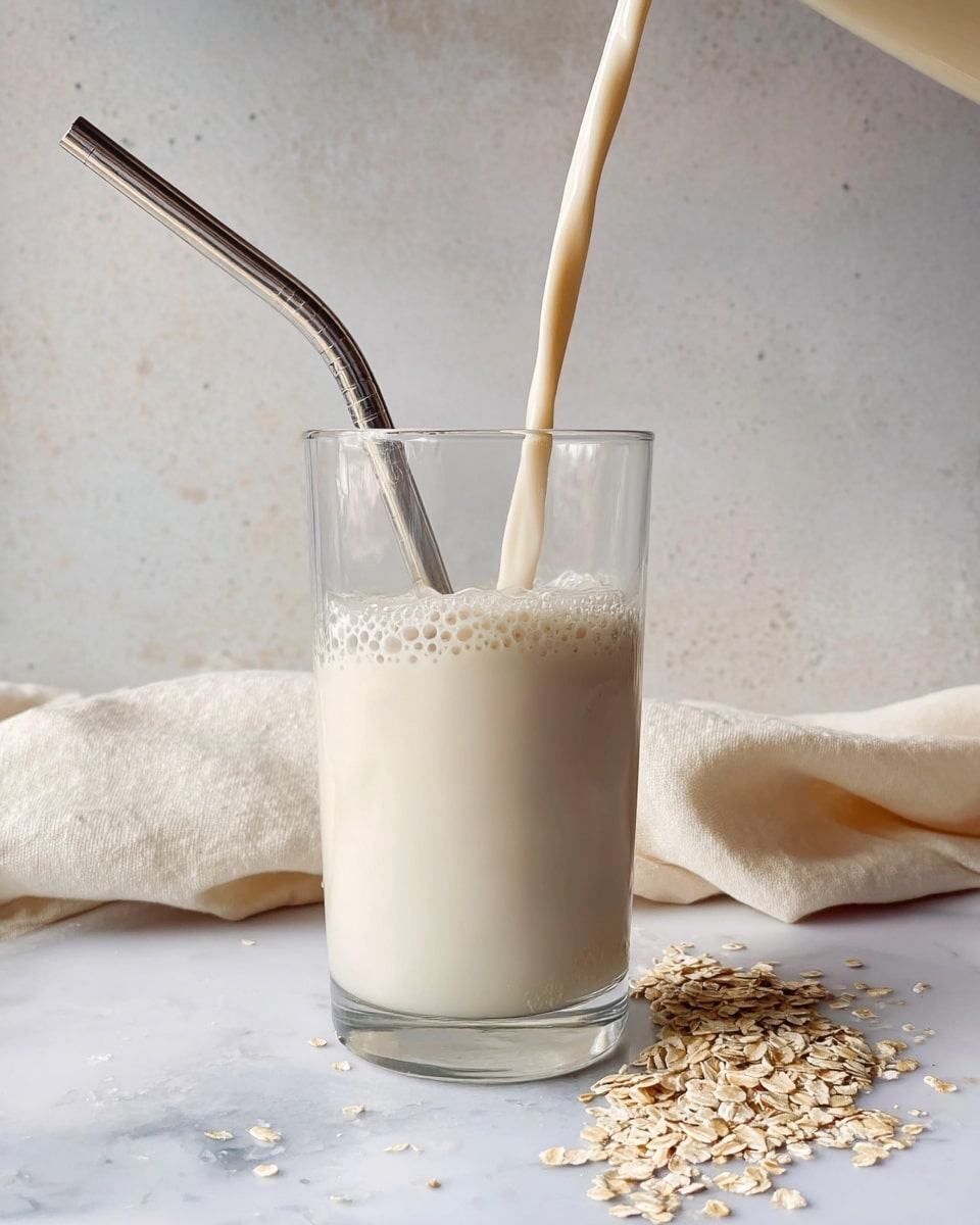 A clear glass filled just above halfway with light cream-colored oat milk, which has small bubbles on its surface, is shown with a silver metal straw inside the glass. The oat milk is being poured from above into the glass, creating a smooth stream. The glass sits on a white marbled surface with some scattered oat flakes on the lower right side. Behind the glass is a soft, cream-colored cloth and a light grey textured wall in the background. Photo taken with an iphone --ar 4:5 --v 7