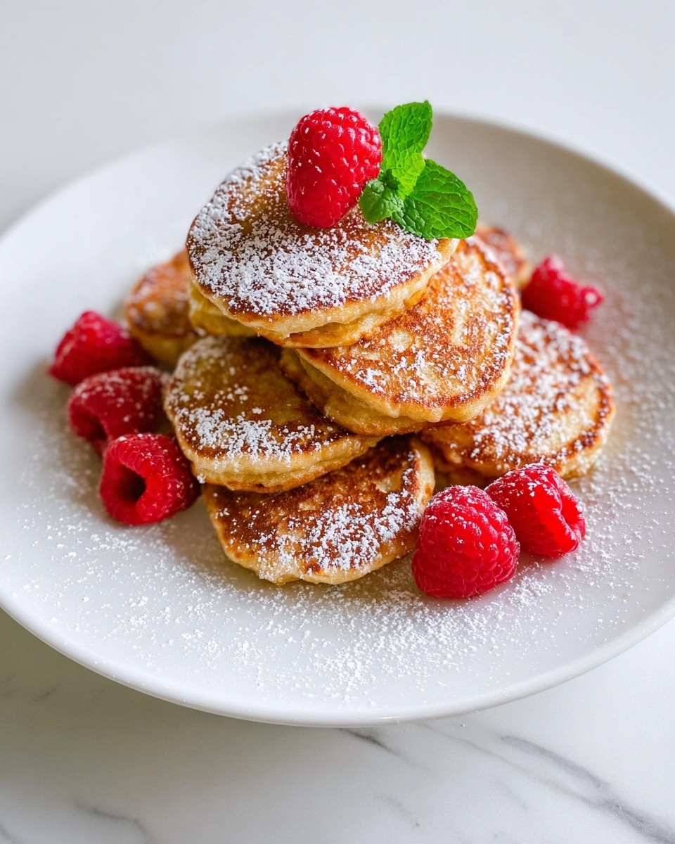 A white plate filled with a stack of round, golden-brown mini pancakes, each with a slightly crispy texture and sprinkled lightly with powdered sugar. Bright red raspberries are placed around the pancakes, adding a pop of color. There are a few small green leaves on top of the pancakes for a fresh look. The plate sits on a white marbled surface. photo taken with an iphone --ar 4:5 --v 7