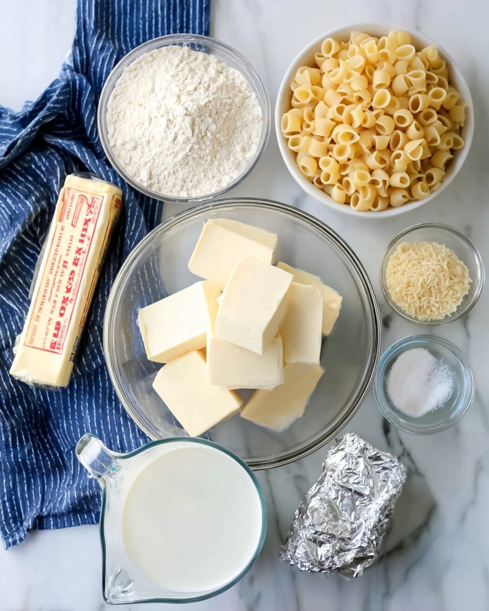 The image shows a group of ingredients for a recipe arranged neatly on a white marbled surface. At the center is a clear glass bowl filled with several thick white cheese blocks stacked together. Nearby, there is a large clear glass measuring cup filled with white milk. To the upper right, there is a pile of dry small pale yellow pasta shells. There are two smaller clear glass bowls, one containing white flour and the other holding a mix of white salt and light yellow powder. A stick of butter with red and yellow text lies on a dark blue and white striped cloth on the left side. Additionally, there is a small clear bowl with a clear liquid and a silver foil wrapped block of cheese near the bottom right side of the image. The photo taken with an iphone --ar 4:5 --v 7