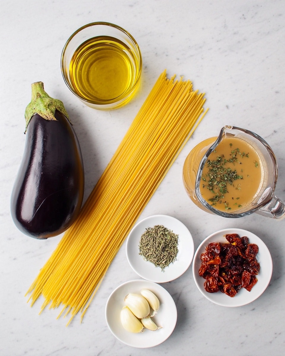 The image shows cooking ingredients on a white marbled surface. Starting from the left, there is a clear glass cup filled with golden olive oil. Next to it, there is a whole dark purple eggplant placed horizontally. Beside the eggplant, there is a loose bundle of uncooked yellow spaghetti. Below the spaghetti, two small white plates are arranged side by side; the left plate contains a small pile of dried green herbs and four peeled garlic cloves, while the right plate holds a small pile of sun-dried tomato pieces. To the right of these plates, there is a clear glass jug filled with light brown broth topped with some green herbs. The layout forms a neat and colorful visual spread. Photo taken with an iphone --ar 4:5 --v 7