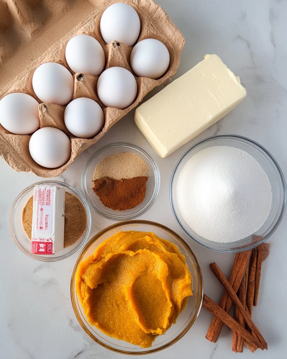 The image shows several cooking ingredients arranged on a white marbled surface. There is a cardboard carton holding ten white eggs in the top left. Below it, a small clear glass bowl contains a mix of brown sugar and cinnamon powder. Next to this bowl, there is a white stick of butter still in its wrapper with red label text. At the bottom center, a clear glass bowl holds a smooth, thick orange pumpkin puree. To the right of the puree bowl, a larger clear glass bowl is filled with white granulated sugar. Near this sugar bowl, three sticks of cinnamon are laid out on the surface. Photo taken with an iphone --ar 4:5 --v 7
