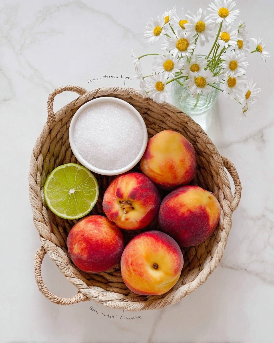 A light brown woven basket with handles sits on a white marbled surface, holding several fresh peaches showing shades of red, orange, and yellow, and one halved lime with a bright green interior positioned at the front left. In the top left of the basket is a white bowl filled with granulated white sugar, and to the right, a small glass vase with small white daisies featuring yellow centers and green stems. The items are arranged neatly, creating a fresh and natural look. Photo taken with an iphone --ar 4:5 --v 7