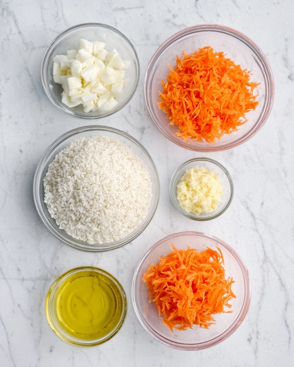The image shows five clear glass bowls with different ingredients on a white marbled surface. The top bowl contains small white chopped pieces, looking soft and moist. To the right, a bowl holds shredded bright orange carrots with a soft and fibrous texture. Below the carrots is a small bowl of finely minced pale yellow garlic. To the left of the garlic is a larger bowl filled with white rice that looks dry and fluffy. Between the rice and the chopped pieces is a small bowl filled with shiny yellow oil. The photo gives a clean and simple view of each ingredient in separate layers, all on a white marbled background. Photo taken with an iphone --ar 4:5 --v 7