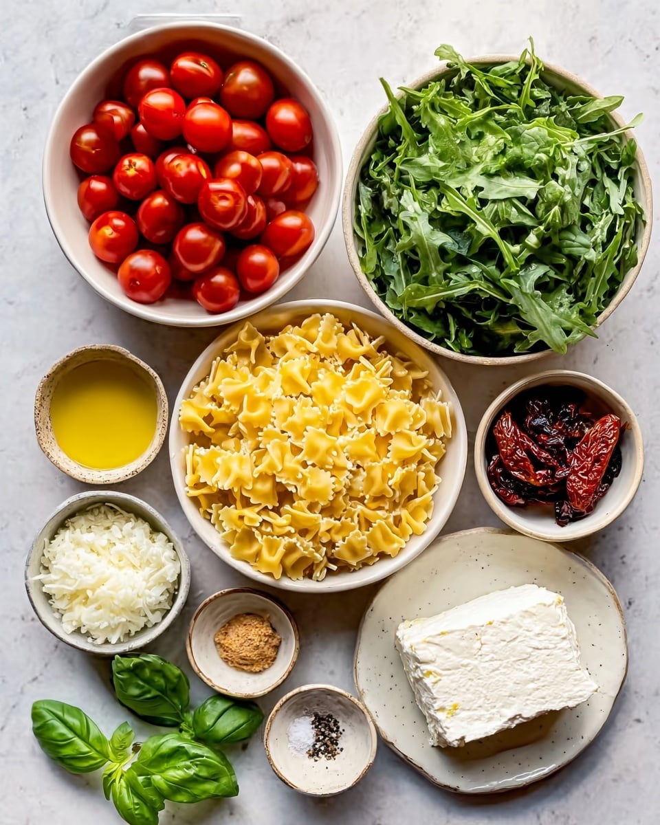 The image shows a top view of several white bowls and plates arranged on a white marbled surface. One large white bowl is filled with bright red cherry tomatoes, another large white bowl holds fresh green leafy arugula, and a medium white bowl contains many yellow pasta pieces shaped like small bows. There is also a medium white bowl with finely chopped white onions, a small white bowl with yellow olive oil, a small white bowl with dark red sun-dried tomatoes, and another small white bowl with minced garlic. A large white plate holds a block of cream cheese, while small piles of white salt and black pepper are placed directly on the surface. A bunch of fresh green basil leaves rests near the pasta bowl. Photo taken with an iphone --ar 4:5 --v 7