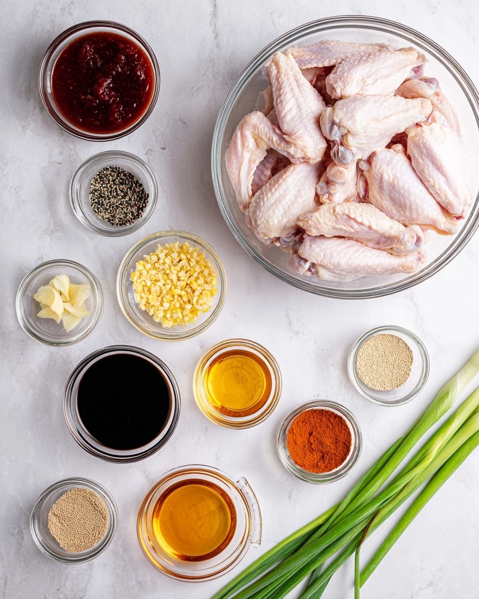 A large transparent glass bowl filled with raw chicken wings showing pale pink skin and white bones sits on a white marbled surface. Surrounding the bowl are small clear glass bowls with varied ingredients: a bowl of dark red sauce with a thick texture on the left, a bowl of dark soy sauce beneath it, a small bowl with finely chopped yellow ginger near the center, minced garlic next to that, a bowl of mixed black and white sesame seeds, and small bowls of ground spices in light brown and orange-red colors on the right. Below the sauces are a bowl of honey with golden amber color, a small bowl of clear liquid, and a bundle of fresh green onions with long, vibrant green stalks at the bottom right. The arrangement is neat and bright. Photo taken with an iphone --ar 4:5 --v 7