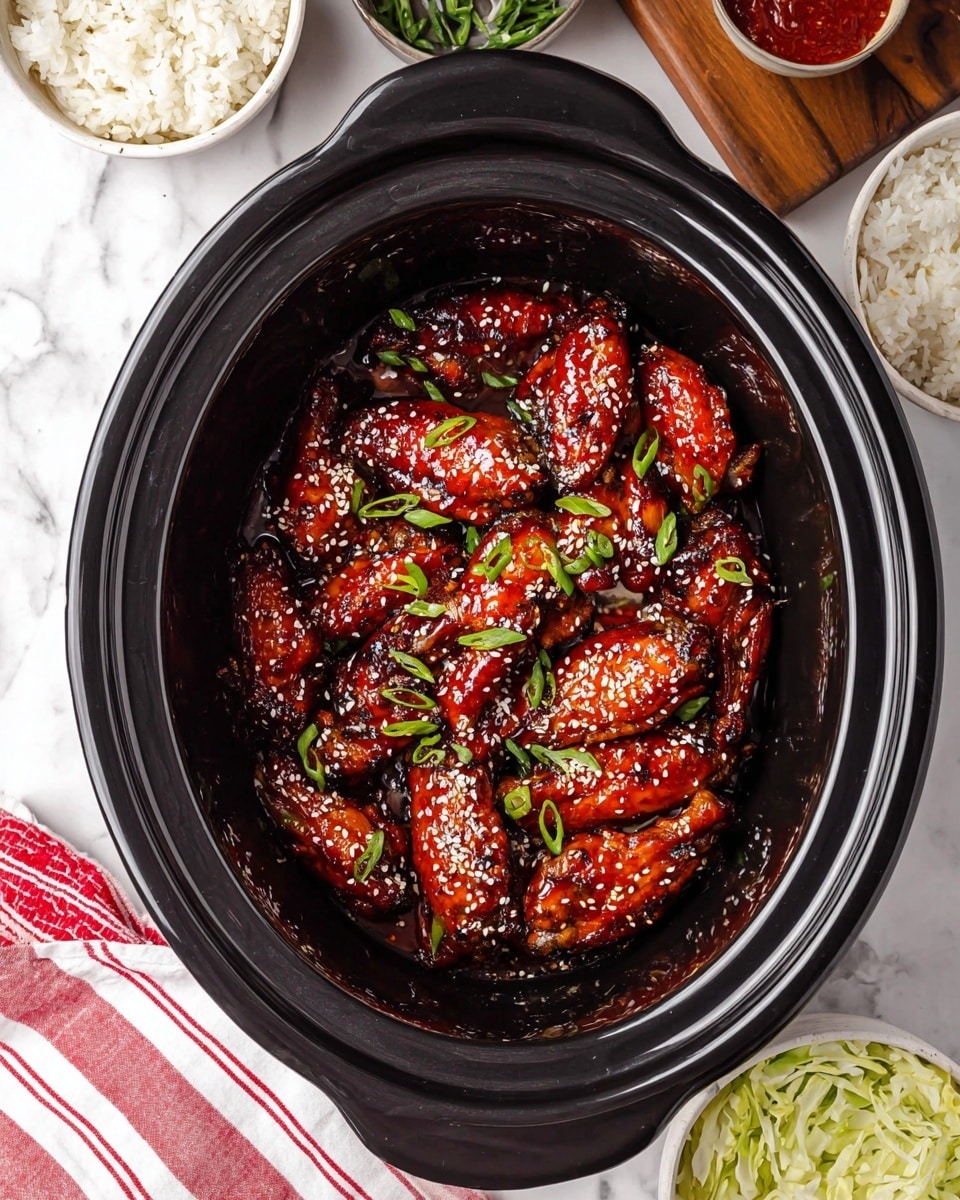 Inside a black slow cooker, there are many shiny, reddish-brown glazed chicken wings covered with black and white sesame seeds and small green onion slices scattered on top. The wings are arranged in a loose pile filling the cooker. Around the cooker, there are white bowls filled with plain white rice, a mix of white and black sesame seeds, chopped green cabbage, and red sauce, set on a white marbled surface with a wooden board and green onions partially visible. A striped red and white cloth is placed near the cooker. Photo taken with an iphone --ar 4:5 --v 7