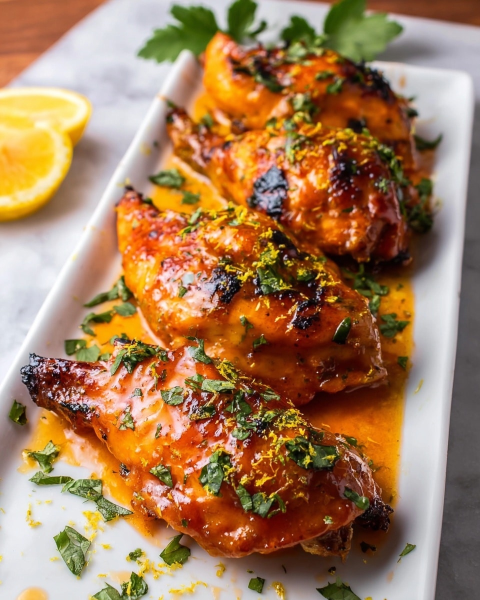 Four cooked chicken pieces lay side by side on a long white plate, each piece covered in a shiny orange glaze with visible grill marks and small charred spots. The glaze has a slightly thick texture and is garnished with chopped fresh green herbs and fine yellow zest sprinkled over the top. The plate rests on a white marbled surface with some green leaves and a lemon slice near the edges, adding fresh color contrast. The overall look is warm with a mix of bright orange and green colors, and the chicken pieces have a moist and tender appearance photo taken with an iphone --ar 4:5 --v 7