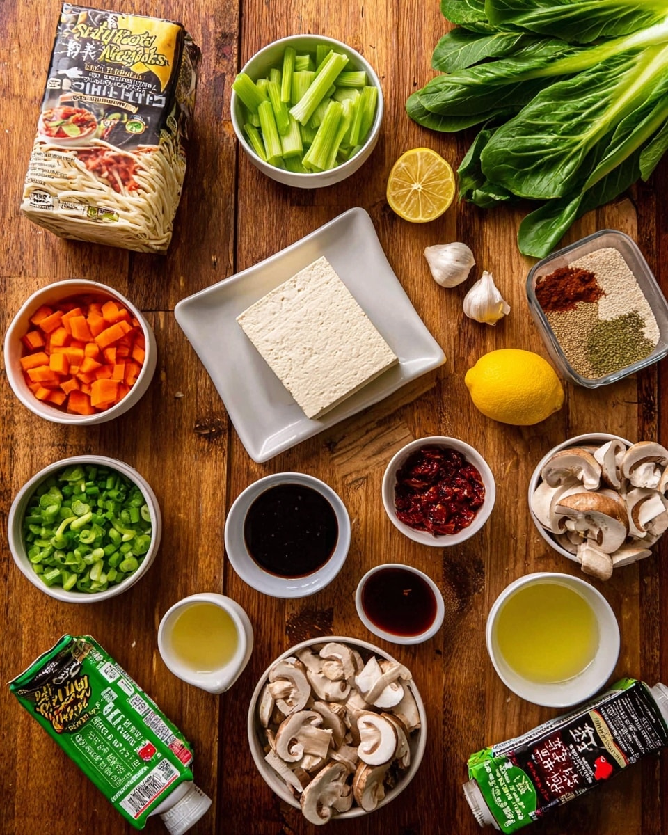 The image shows several ingredients neatly arranged on a wooden surface. At the center, there is a white square plate with a block of tofu. Surrounding it are small white bowls containing chopped green celery, sliced multi-colored carrots, chopped green onions, and sliced mushrooms. There is also a white bowl with a mix of different spices, a couple of small white bowls with dark soy sauce and reddish sauce, and a small bowl with light yellow oil. Fresh green leafy vegetables are placed on the top right side. Other ingredients include garlic cloves, a piece of ginger, two lemon halves, vegetable broth in a green carton, and a pack of Chinese noodles with red and black packaging. The photo taken with an iphone --ar 4:5 --v 7