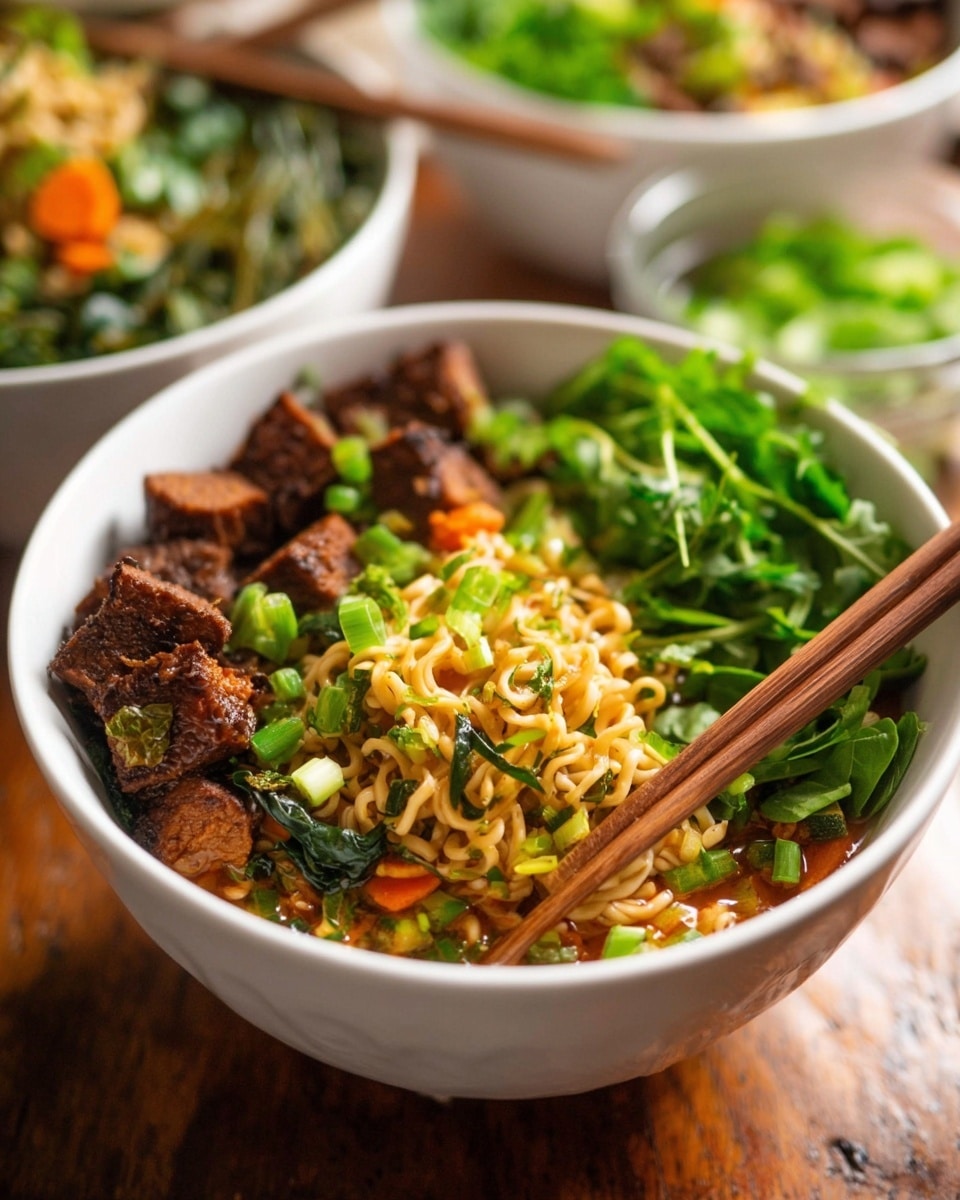 A white bowl filled with three main layers: the bottom layer is dark brown chunks of tofu or meat, the middle layer is light yellow cooked noodles mixed with green scallion pieces and small orange carrot slices, and the top layer has fresh green leafy herbs and chopped spring onions on the right side. Two wooden chopsticks are placed inside the bowl on the right side, slightly leaning outward. The bowl sits on a wooden surface with blurred bowls of similar food in the background. The photo taken with an iphone --ar 4:5 --v 7