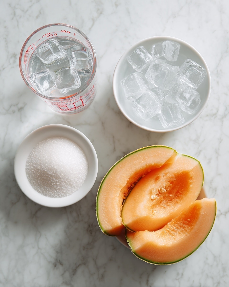 A top-down view of four ingredients arranged on a white marbled surface: a clear glass measuring cup filled with water showing red measurement markings on the left, a small white bowl filled with clear ice cubes on the upper right, a small white bowl with white granulated sugar on the lower left, and a white bowl holding three large slices of orange cantaloupe melon with green rinds on the lower right. The bowls and cup are evenly spaced, and the cantaloupe slices have a smooth texture with visible soft inner flesh and rind edges. Photo taken with an iphone --ar 4:5 --v 7