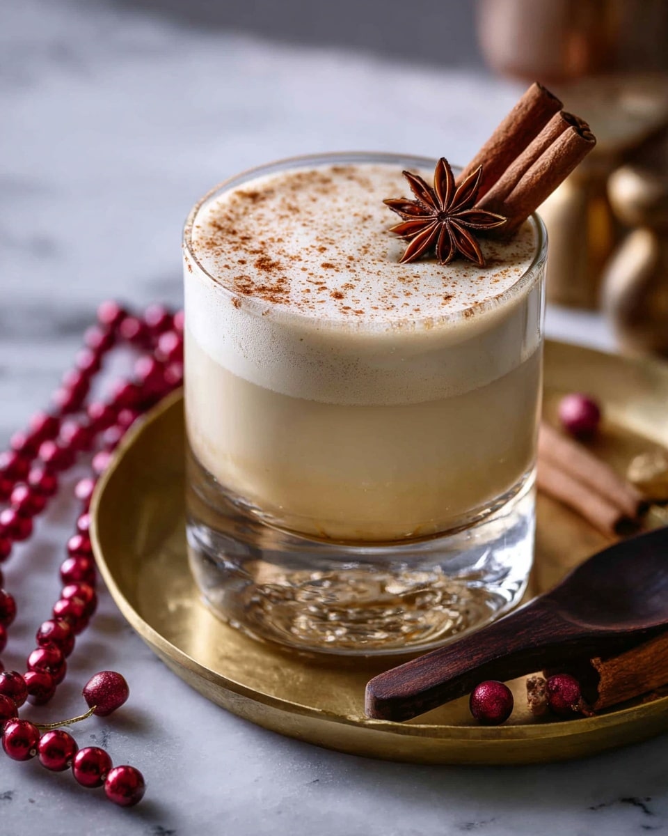 A short clear glass holds a creamy beige drink with a thick foamy top layer that reaches the rim, sprinkled lightly with fine brown specks. One star anise rests on a small frothy square near the center of the foam, while two cinnamon sticks stand upright on the right side, piercing the foam. The glass sits on a gold tray with a small dark wooden spoon beside it. Around the tray are cinnamon sticks and red bead strings on a white marbled surface in the background. Photo taken with an iphone --ar 4:5 --v 7