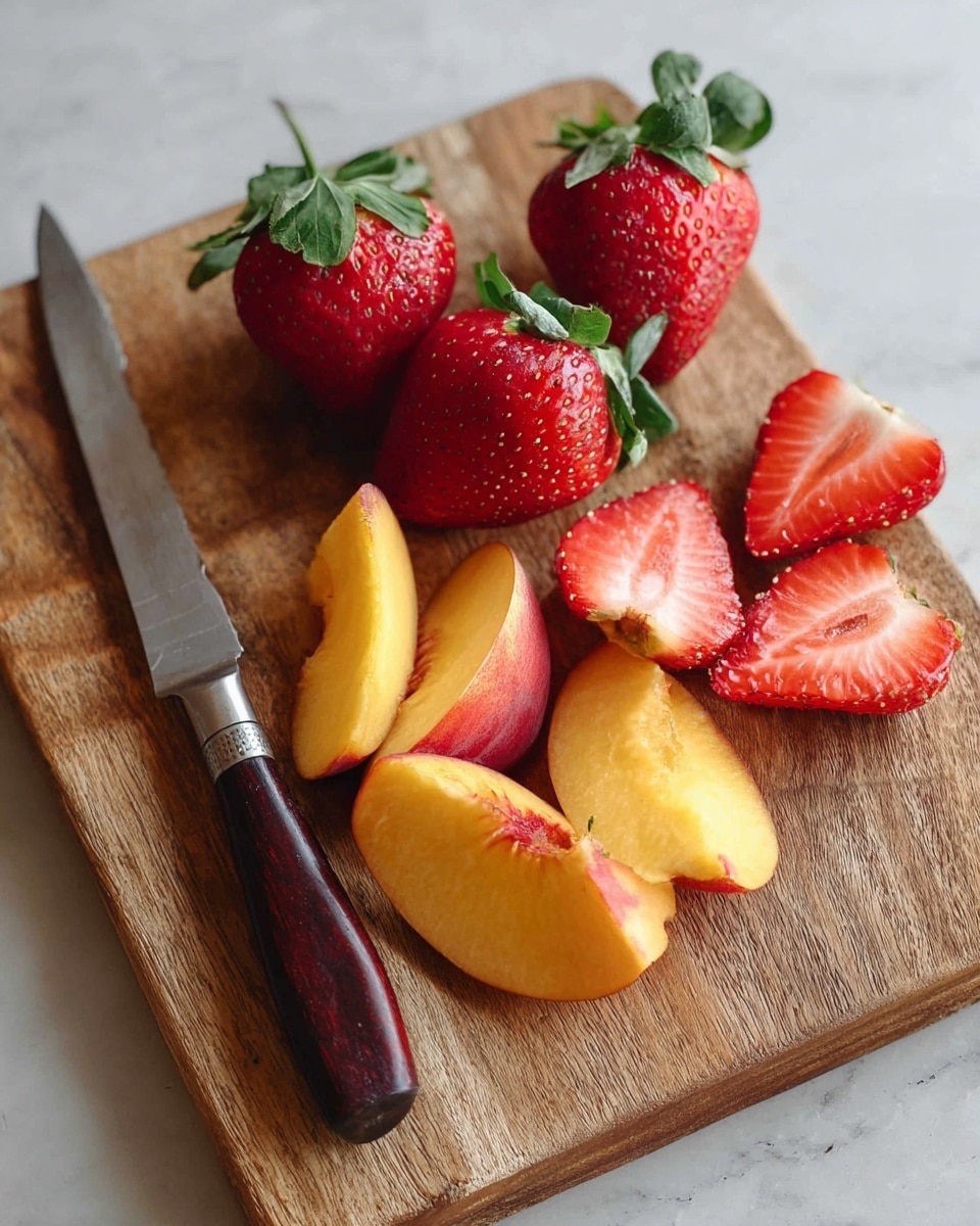 The image shows a wooden cutting board with fresh fruit and a knife on it. On the board, there are three whole strawberries with green leaves, a few strawberry slices showing their bright red and juicy texture, and several peach slices with a smooth yellow-orange skin and soft inside. The knife has a dark wooden handle and a silver blade, placed on the left side of the cutting board. The background surface is a white marbled texture. Photo taken with an iphone --ar 4:5 --v 7