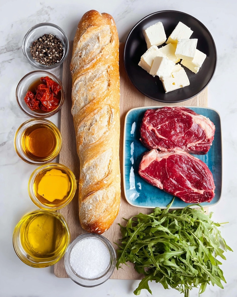 The image shows a wooden board placed on a white marbled surface holding several items: a sliced baguette with a golden crust and soft white inside positioned vertically down the center, a black plate with six uneven white cheese cubes arranged in a circular pattern at the top right, and a small glass bowl with black pepper next to it. Below, a blue rectangular plate holds two raw red steaks with white marbling. To the right of the board, there is a bunch of fresh green arugula with long stems. On the left side of the board are four small glass bowls filled with golden olive oil, bright red sun-dried tomatoes, amber honey, and dark balsamic vinegar, arranged from top to bottom. At the bottom of the board, two small glass bowls contain white salt and white sugar, placed side by side. The overall setting is neat and bright, showing fresh ingredients clearly. photo taken with an iphone --ar 4:5 --v 7