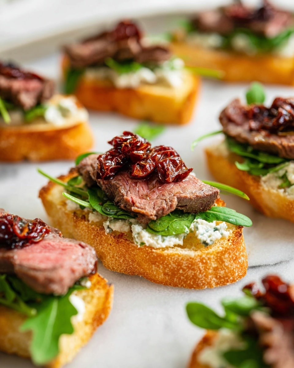 The image shows several pieces of toasted bread slices arranged on a white plate with a white marbled surface beneath. Each slice has four layers: a crisp golden-brown toasted bread base, a smooth white spread of cheese, a layer of fresh green arugula leaves, and thin slices of medium-rare cooked meat topped with small, dark red chunks of sun-dried tomatoes. The focus is on one piece in the center, with the others slightly blurred in the background, giving a close-up view of the textures and colors of the food. Photo taken with an iphone --ar 4:5 --v 7