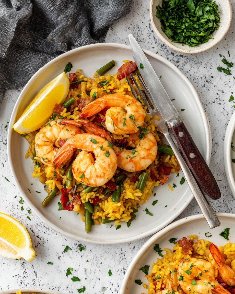 A white plate holds two large orange-pink cooked shrimp on top of a bed of yellow rice mixed with small green beans, red pepper pieces, and bits of light brown meat, all garnished with chopped green herbs scattered over and around the food. To the left of the shrimp, there is a wedge of lemon with some green herbs on it. A silver fork with a dark wooden handle rests on the right side of the plate. Part of a second white plate with similar food is visible at the bottom right corner. The plates and food sit on a white marbled textured surface with a small white bowl filled with green herbs and a dark gray cloth nearby. Photo taken with an iphone --ar 4:5 --v 7
