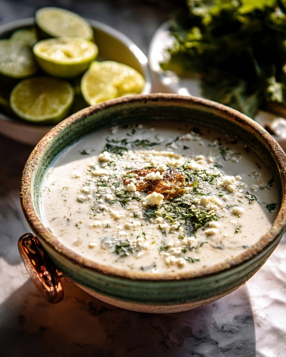 A close-up image shows a bowl filled with a creamy white soup that has a thick, textured consistency. On top of the soup, there is a sprinkle of finely chopped green herbs and crumbled white cheese spread unevenly. At the center, a small piece of browned food adds a touch of golden color. The bowl itself is rustic with earthy green and brown tones around the rim, and it has a hammered copper handle visible at the bottom left. In the blurry background, there is a white bowl filled with halved limes and some leafy greens resting on a white marbled surface. The photo was taken with an iphone --ar 4:5 --v 7