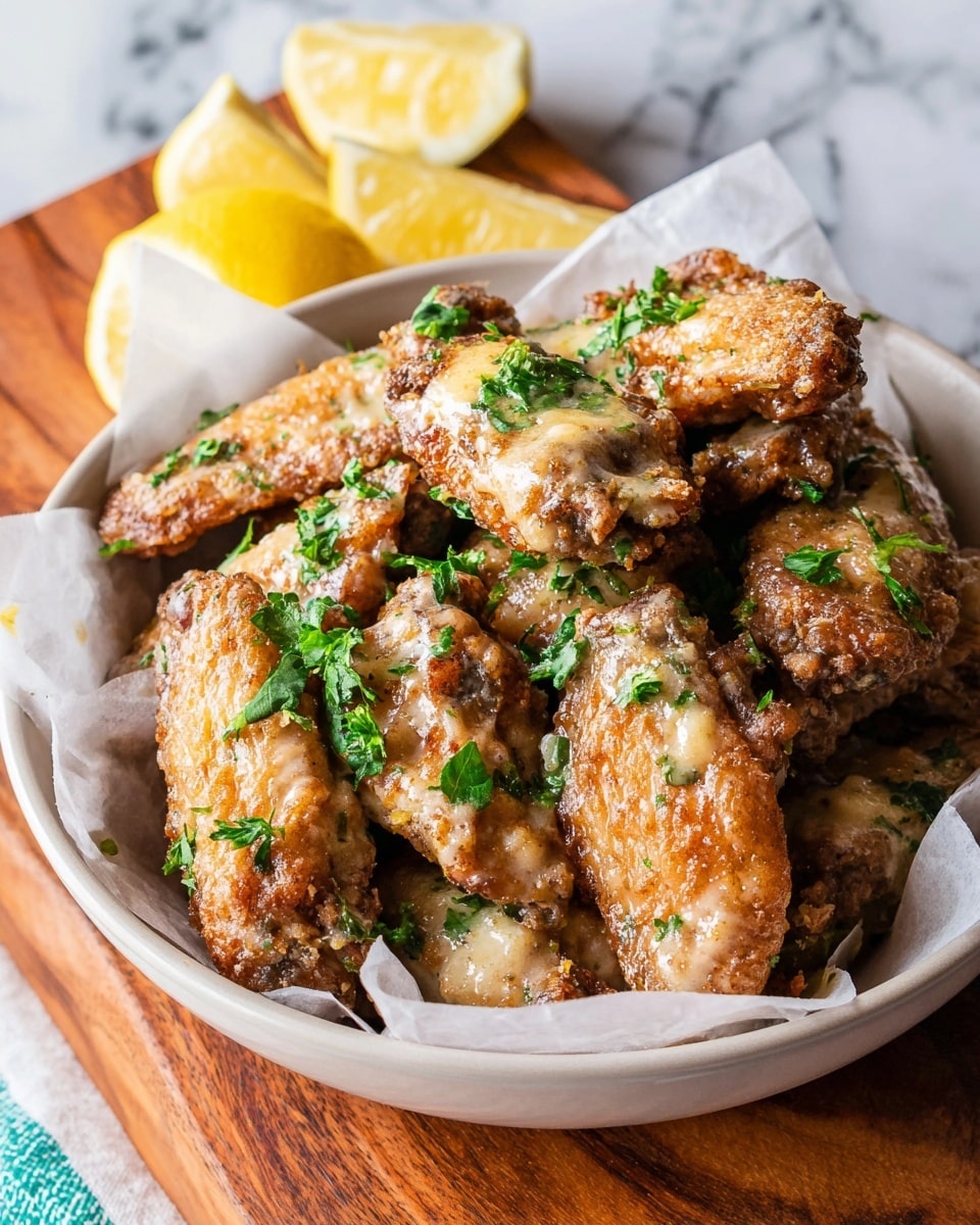 A white bowl filled with many pieces of brown crispy fried chicken, with some green herb pieces sprinkled on top. White paper lines the bowl, which sits on a wooden board. A woman's hand is pouring a thick, creamy pale yellow sauce over the chicken, flowing down onto the top pieces. A wedge of lemon rests partially visible on the left side. The background is a white marbled wall. photo taken with an iphone --ar 4:5 --v 7